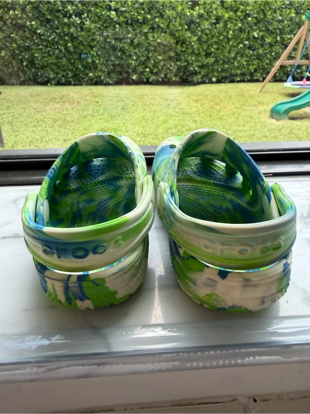CROCS Kids Tie-Dye Clogs in Blue, Green & White
